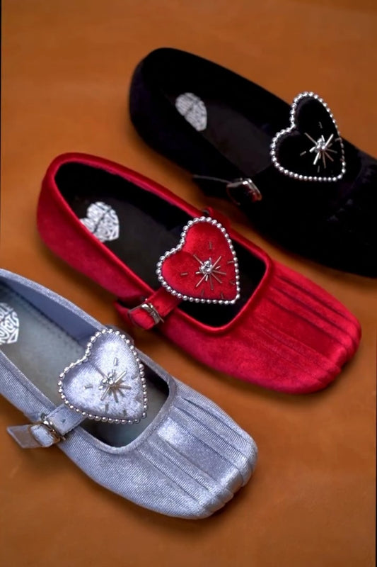Red Heart-Centered Mary Jane Flats With Beaded Trim