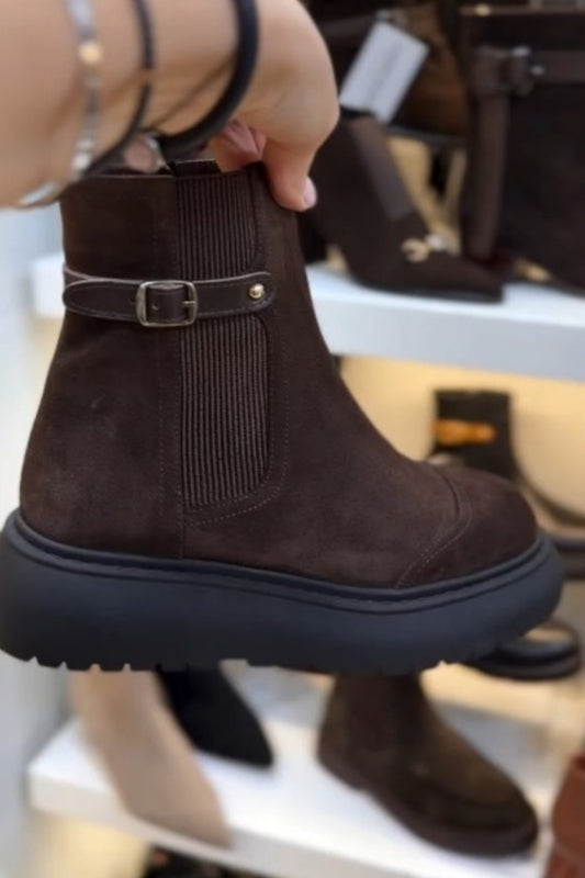 Brown Ankle Boots With Grooved Sole And Strap Detail
