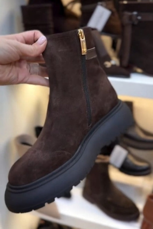 Brown Ankle Boots With Grooved Sole And Strap Detail