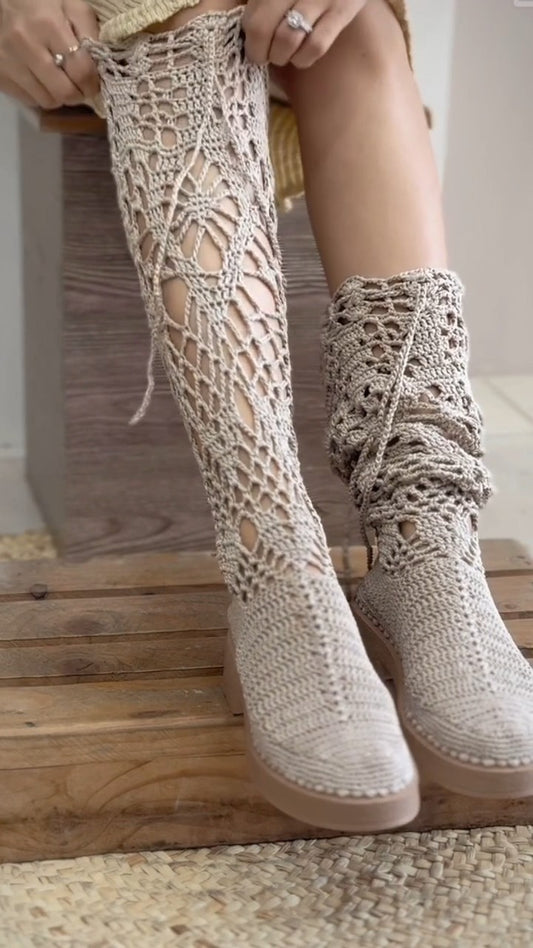 Beige Crochet Knee-High Boots