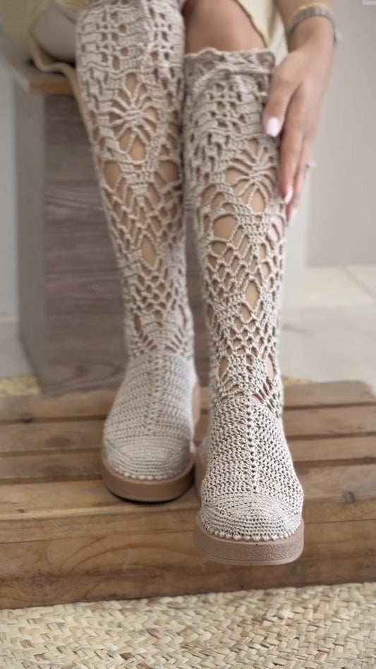 Beige Crochet Knee-High Boots