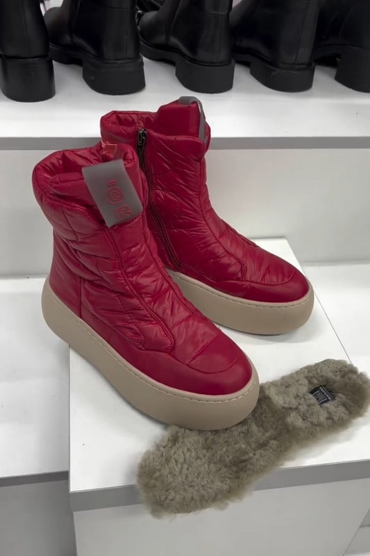 Red Puffer Boots With Thick Sole And Warm Fur Interior