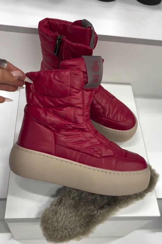 Red Puffer Boots With Thick Sole And Warm Fur Interior