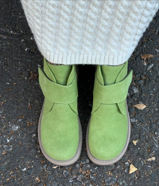 Green Suede Slip-On Loafers With Strappy Cross-Over Design