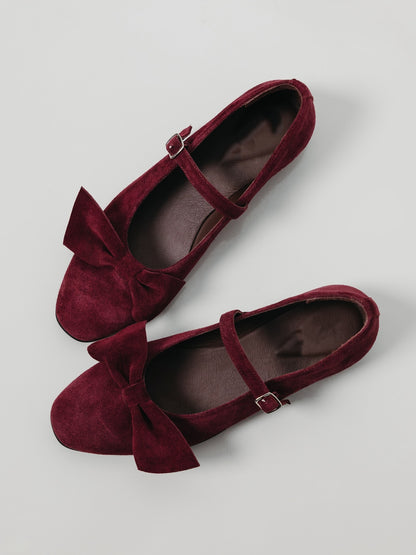 Burgundy Velvet Mary Janes With Bow Detail
