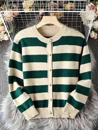 Cream And Green Striped Cardigan Sweater