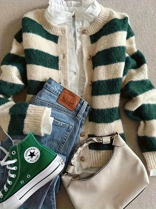 Cream And Green Striped Cardigan Sweater