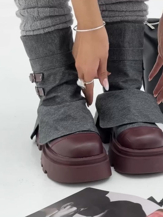 Gray Denim Western Boots