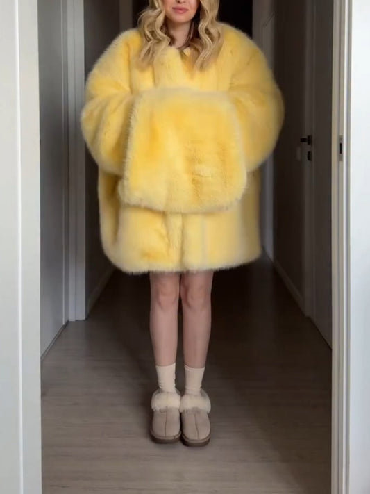Bright Yellow Faux Fur Coat With Oversized Silhouette
