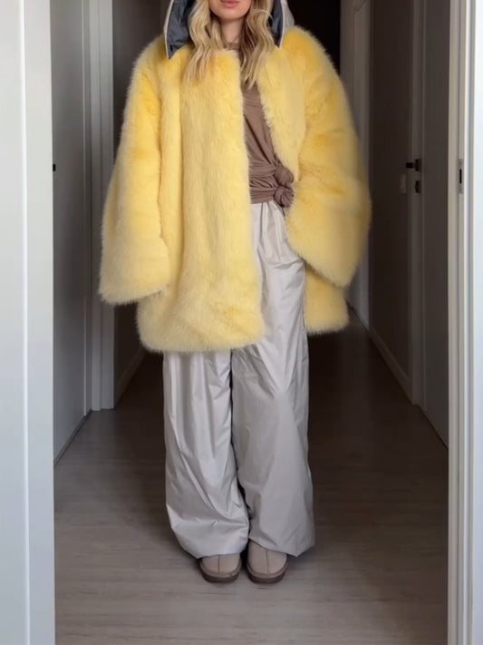 Bright Yellow Faux Fur Coat With Oversized Silhouette