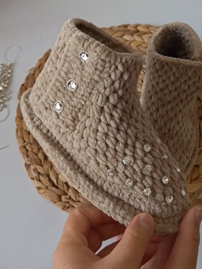 Beaded Knit Slipper Boots With Rhinestone Embellishments