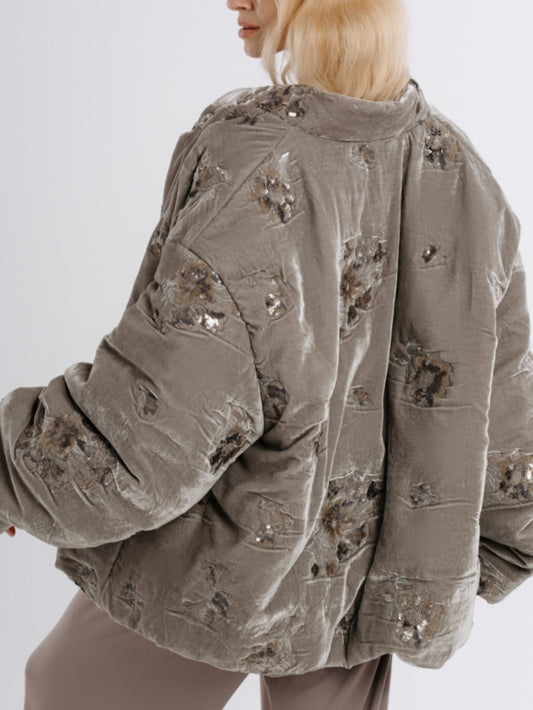 Sage Velvet-Textured Puffer Jacket With Embroidered Floral Details