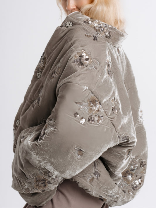 Sage Velvet-Textured Puffer Jacket With Embroidered Floral Details