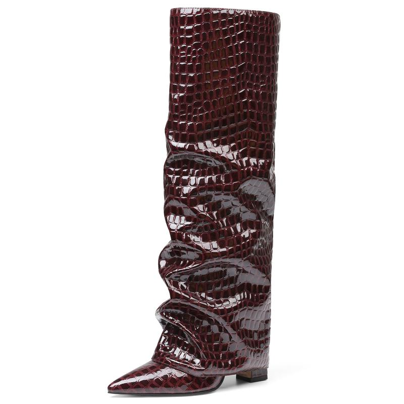 Maroon Crocodile-Pattern Knee-High Boot With Slouch Shaft