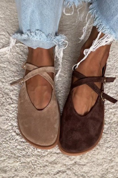 Suede Flats With Criss-Cross Straps And Gold Buckle