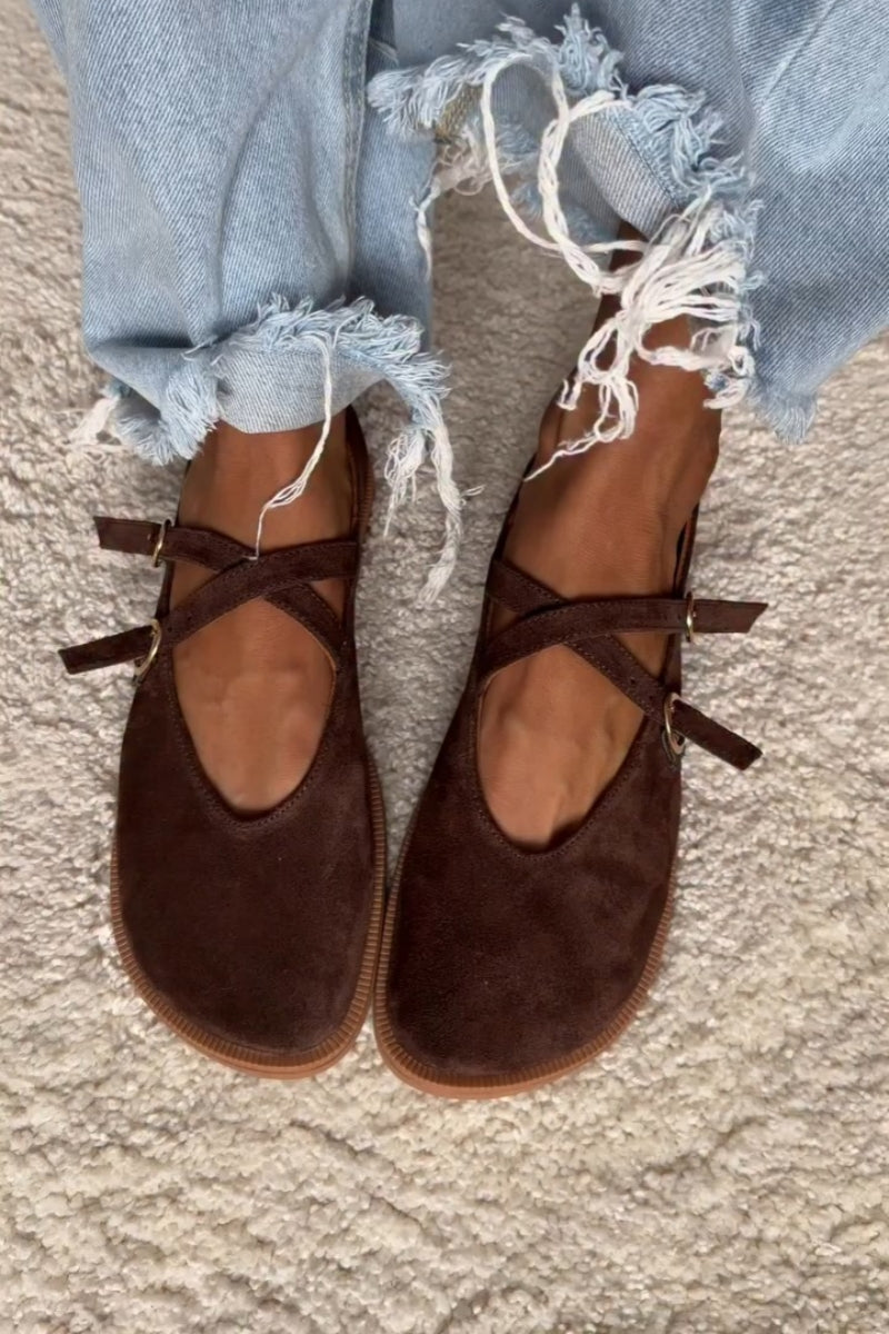 Suede Flats With Criss-Cross Straps And Gold Buckle