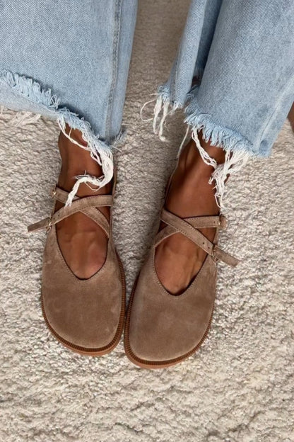 Suede Flats With Criss-Cross Straps And Gold Buckle