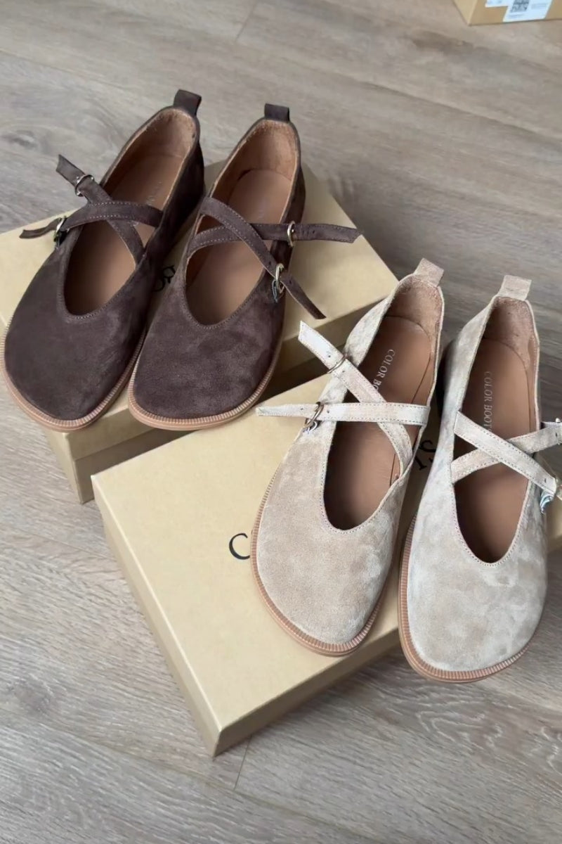 Suede Flats With Criss-Cross Straps And Gold Buckle