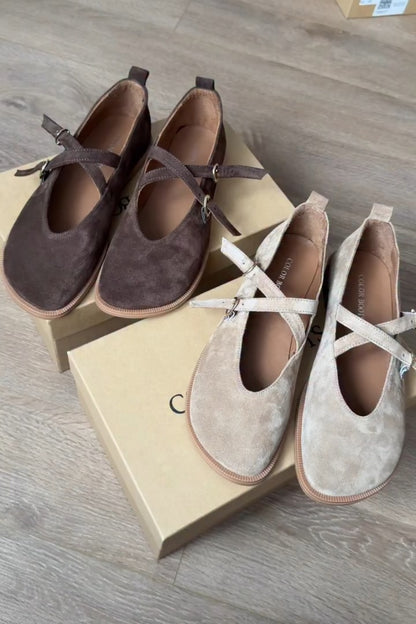 Suede Flats With Criss-Cross Straps And Gold Buckle