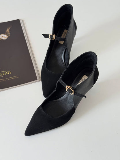 Black Suede & Leather Pointed-Toe Heels