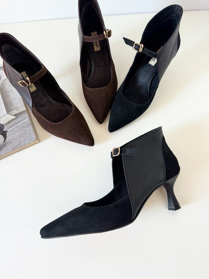 Black Suede & Leather Pointed-Toe Heels