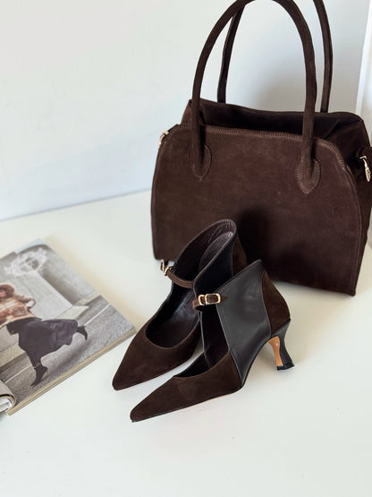 Black Suede & Leather Pointed-Toe Heels