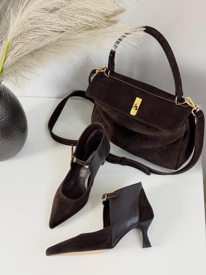 Black Suede & Leather Pointed-Toe Heels