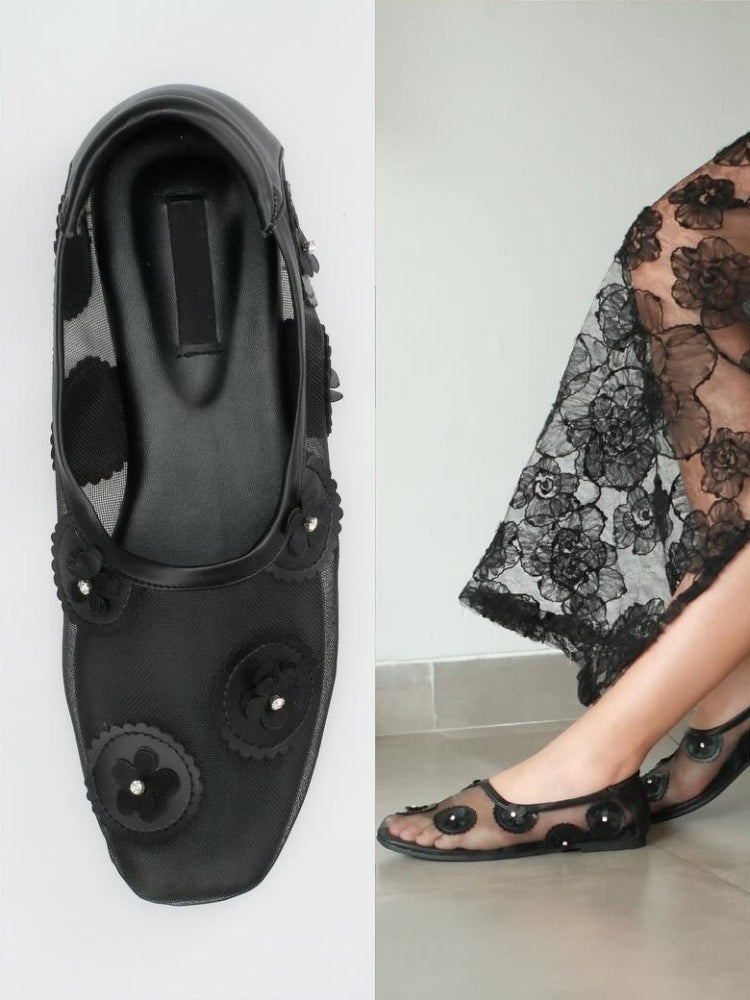 Mesh Flats With Mauve Floral Embellishments