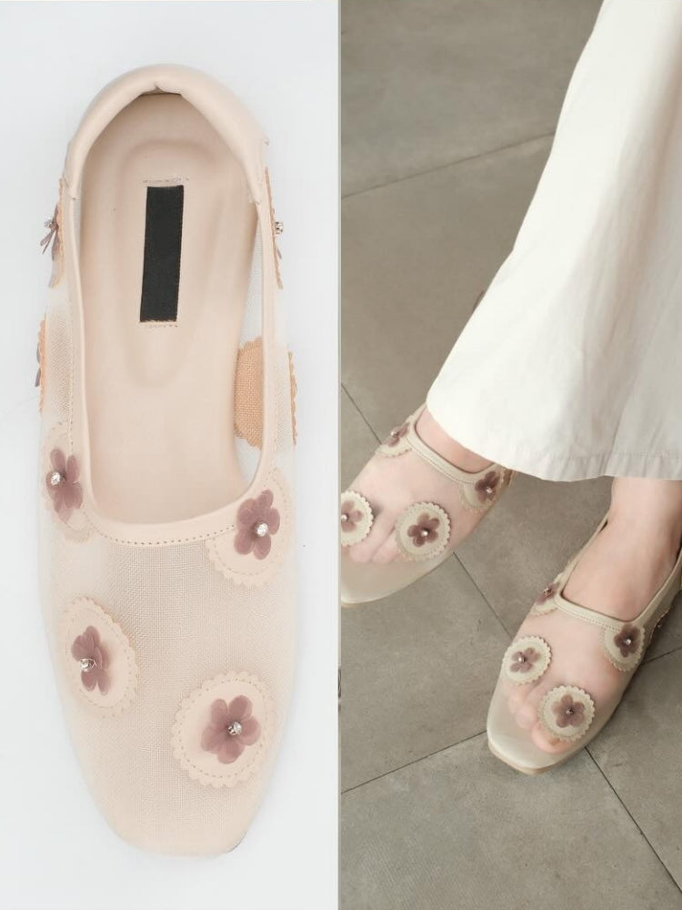 Mesh Flats With Mauve Floral Embellishments