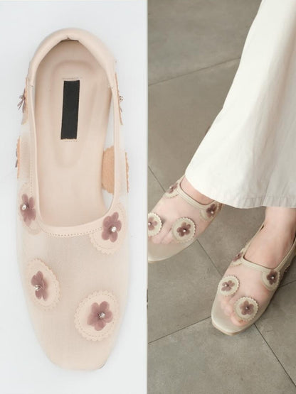 Mesh Flats With Mauve Floral Embellishments