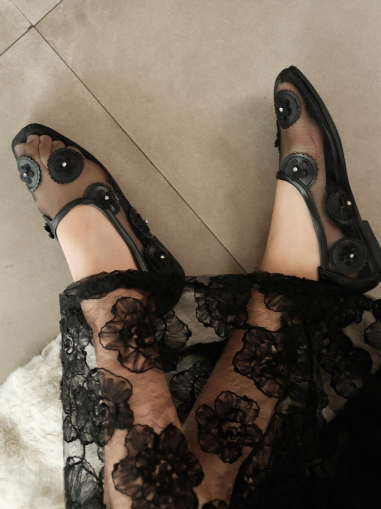 Mesh Flats With Mauve Floral Embellishments