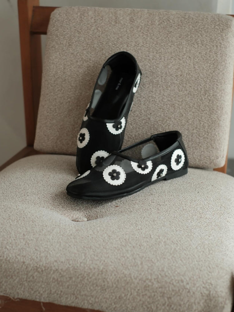 Mesh Flats With Mauve Floral Embellishments