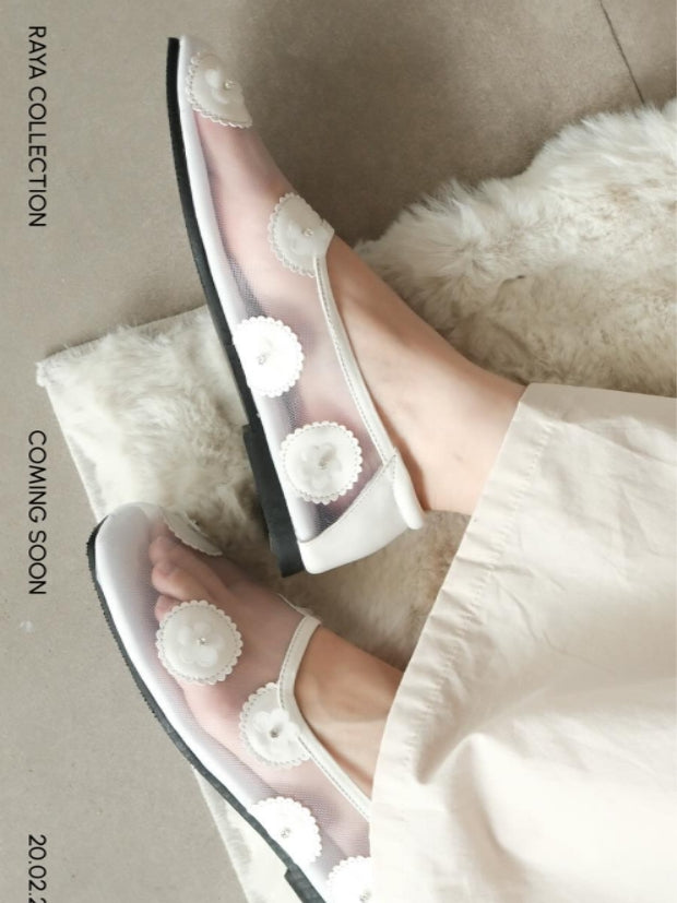 Mesh Flats With Mauve Floral Embellishments