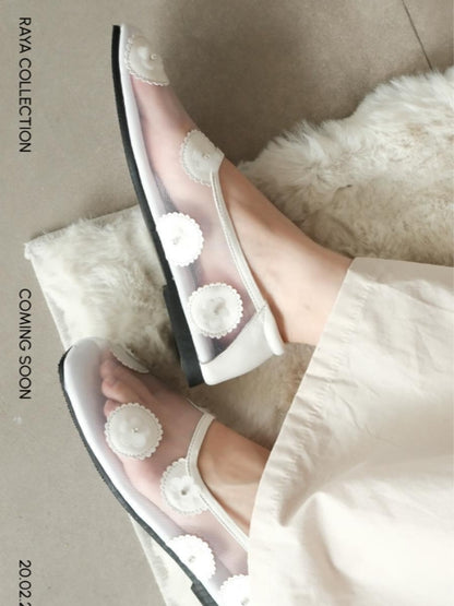 Mesh Flats With Mauve Floral Embellishments