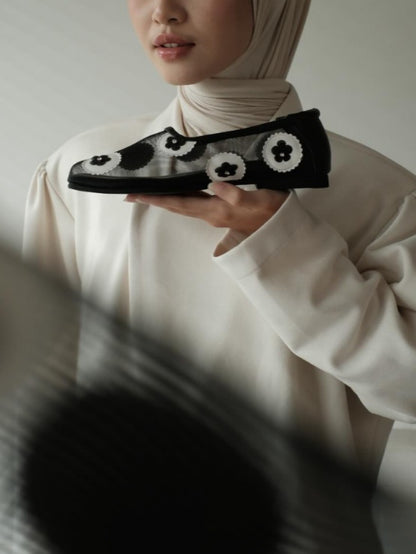 Mesh Flats With Mauve Floral Embellishments