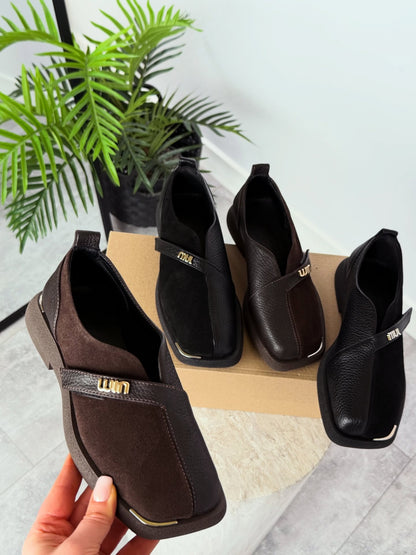 Suede Slip-On Shoes With Gold Logo Strap