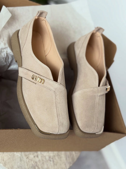 Suede Slip-On Shoes With Gold Logo Strap