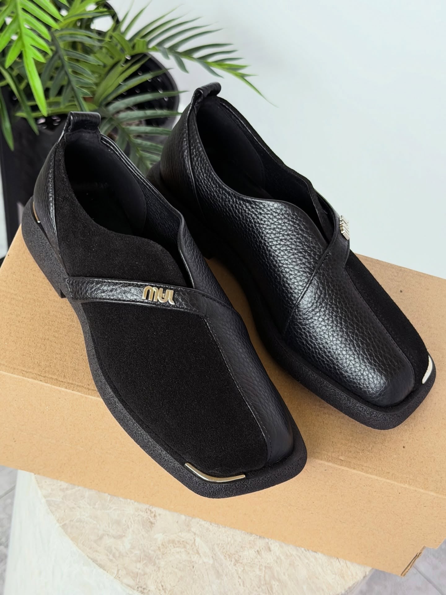 Suede Slip-On Shoes With Gold Logo Strap