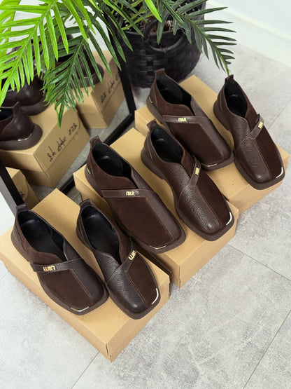 Suede Slip-On Shoes With Gold Logo Strap