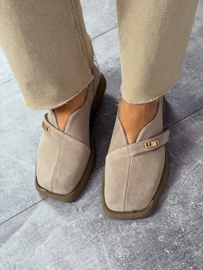 Suede Slip-On Shoes With Gold Logo Strap
