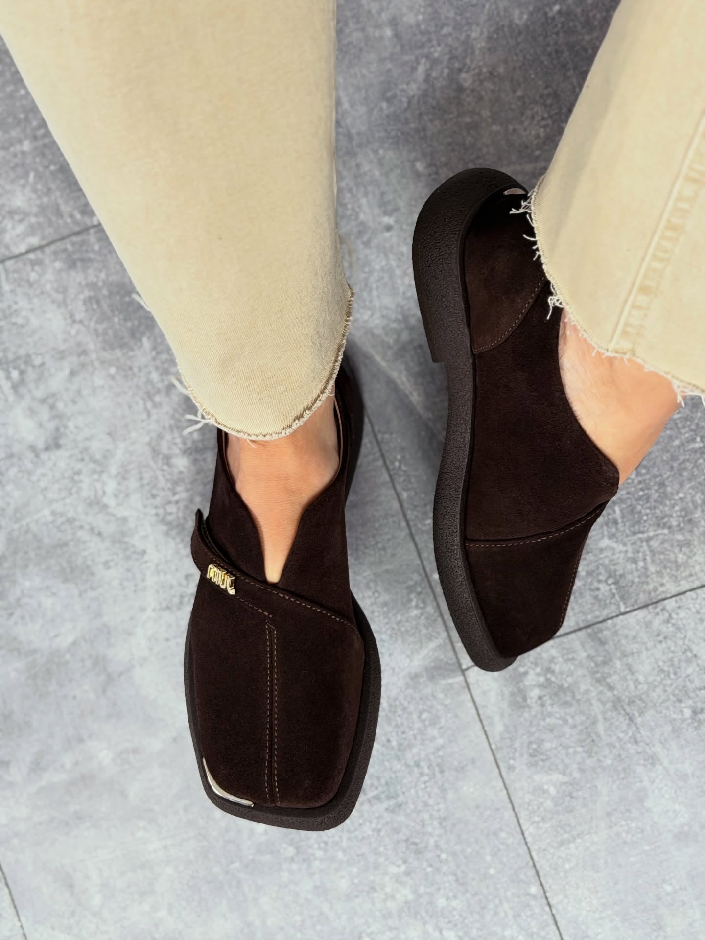 Suede Slip-On Shoes With Gold Logo Strap