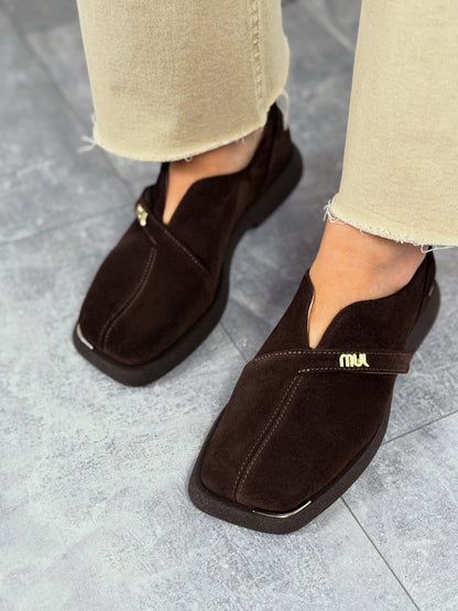 Suede Slip-On Shoes With Gold Logo Strap