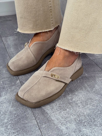 Suede Slip-On Shoes With Gold Logo Strap