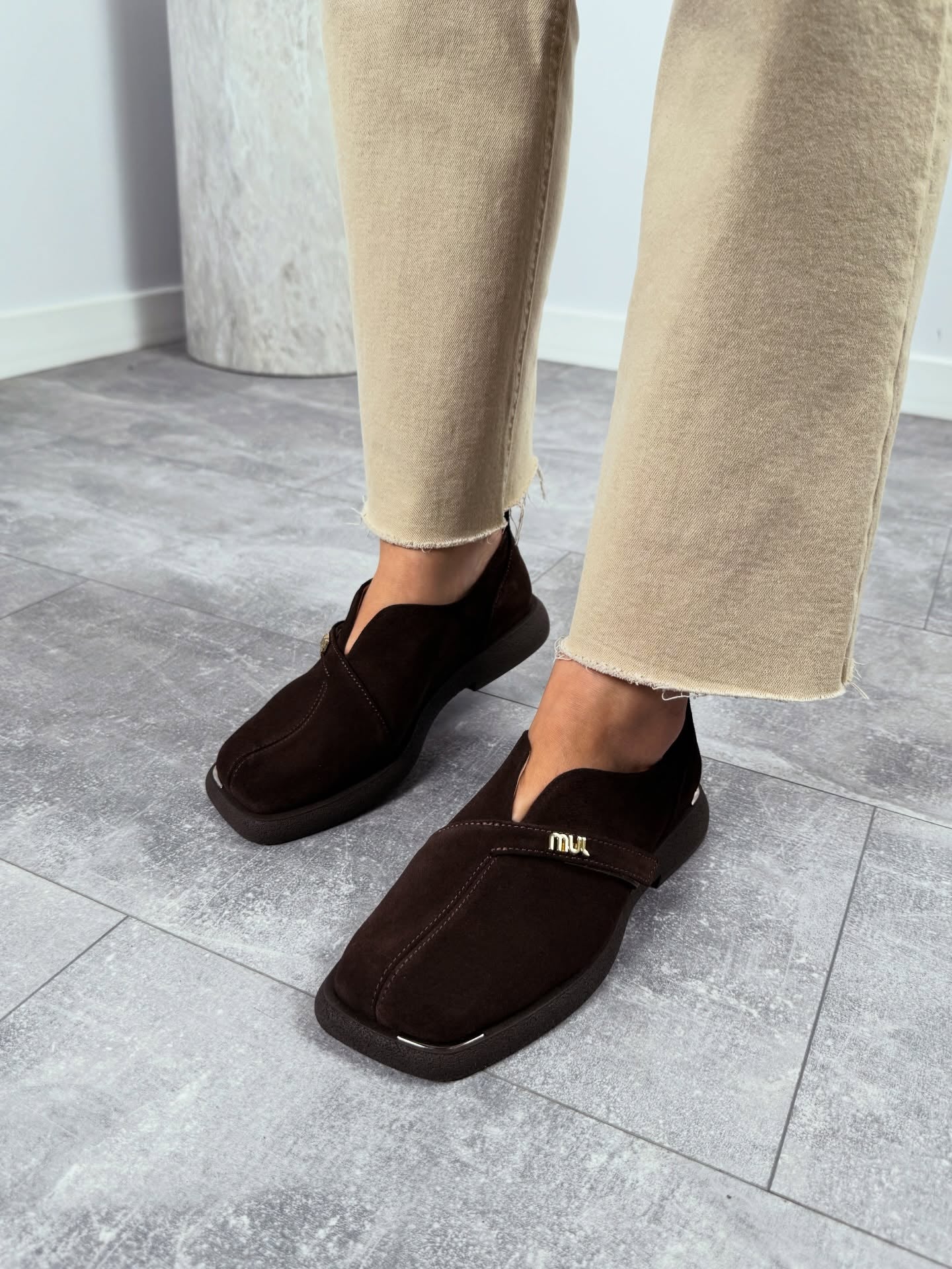 Suede Slip-On Shoes With Gold Logo Strap