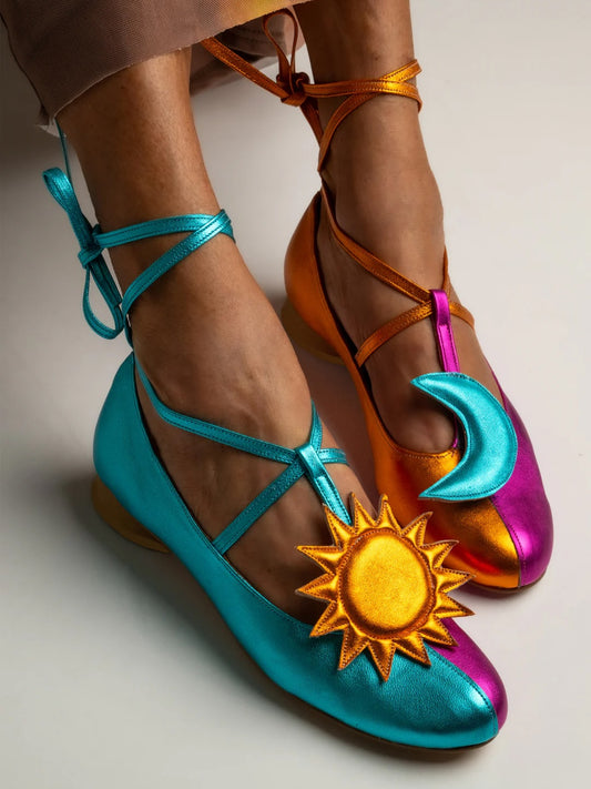 Ballet Flats With Moon And Sun Embellishments