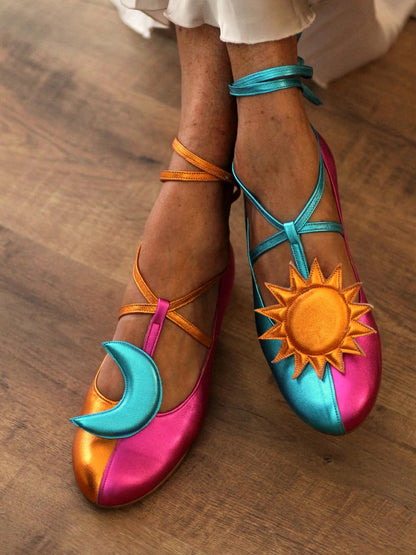 Ballet Flats With Moon And Sun Embellishments