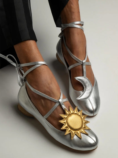 Ballet Flats With Moon And Sun Embellishments