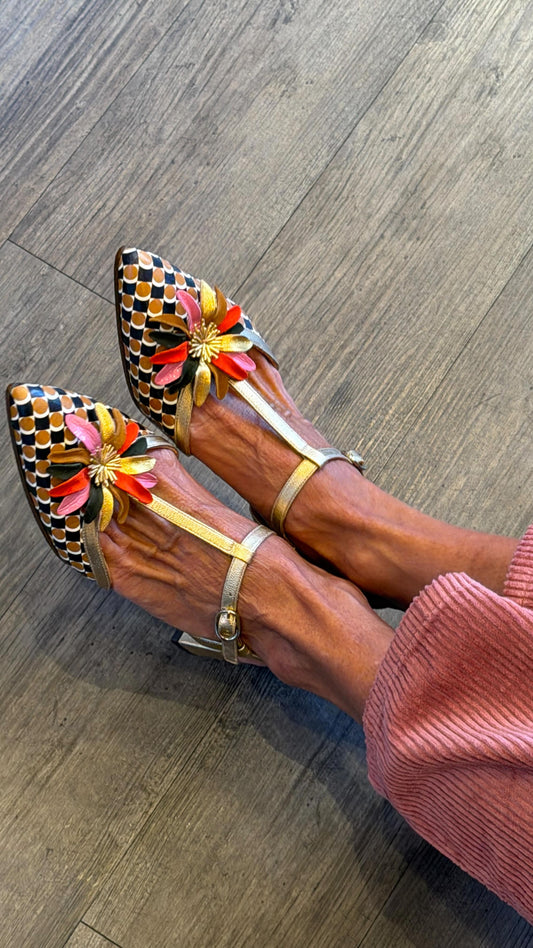 Colorful Leather Floral Dot-Heeled Sandals