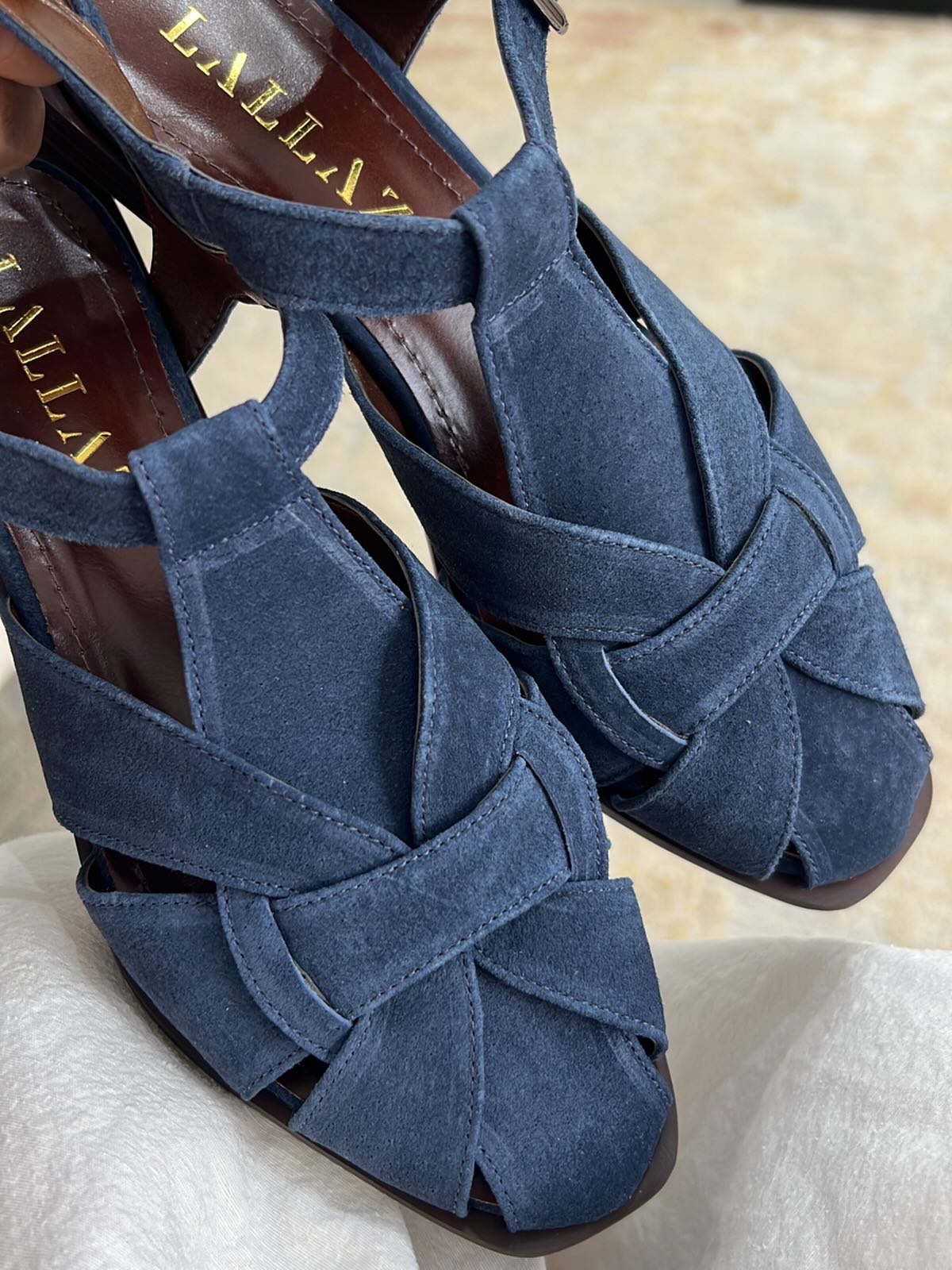 Olive Green Suede Sandals With Woven Design And Ankle Buckles