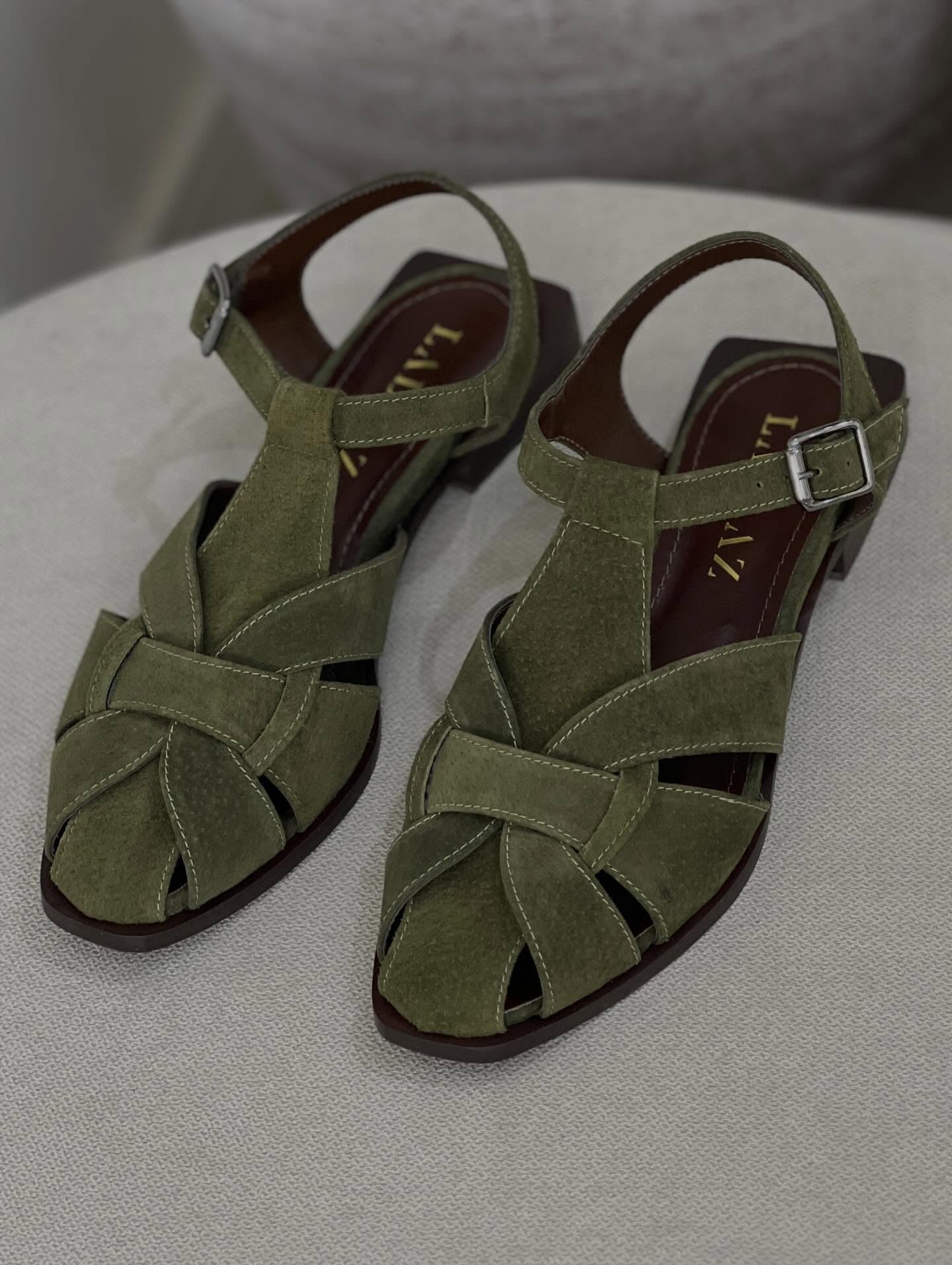 Olive Green Suede Sandals With Woven Design And Ankle Buckles